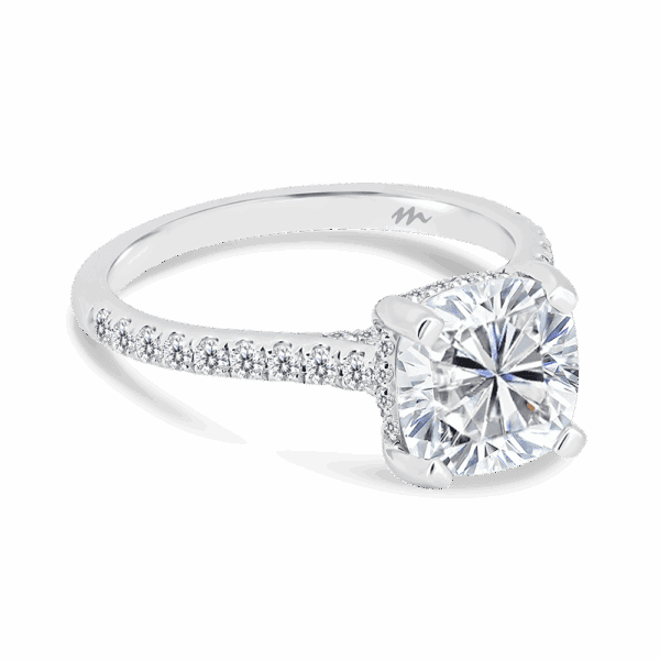 Harmony Cushion 8 0 Angled White Gold Moissanite 4 Prong Encrusted Under Rail Bridge Engagement Ring
