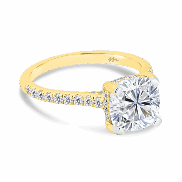 Harmony Cushion 8 0 Angled Yellow Gold Moissanite 4 Prong Encrusted Under Rail Bridge Engagement Ring