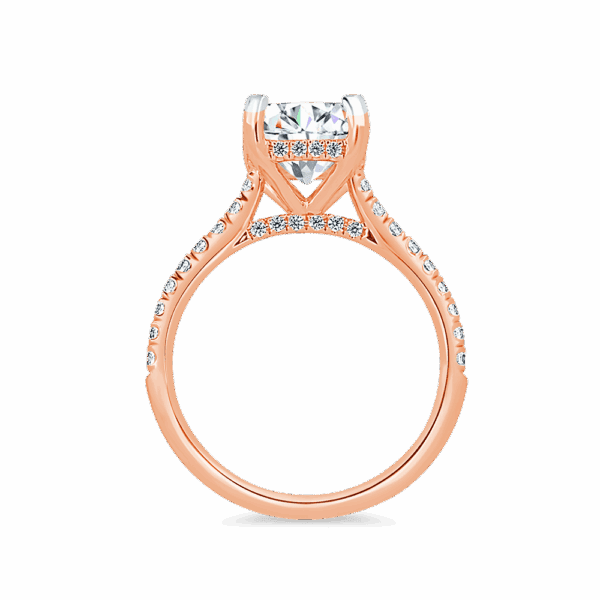 Harmony Cushion 8 0 Side Rose Gold Diamond 4 Prong Encrusted Under Rail Bridge Engagement Ring