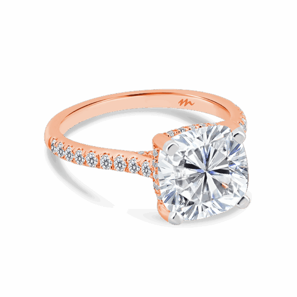 Harmony Cushion 9 0 Angled Rose Gold Moissanite 4 Prong Encrusted Under Rail Bridge Engagement Ring