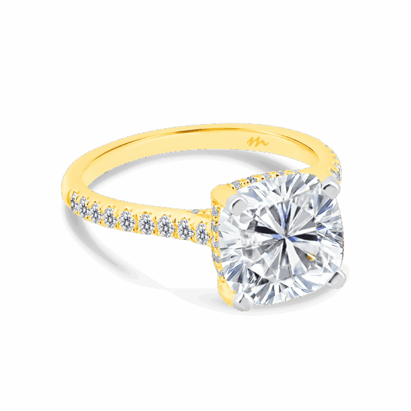 Harmony Cushion 9 0 Angled Yellow Gold Moissanite 4 Prong Encrusted Under Rail Bridge Engagement Ring