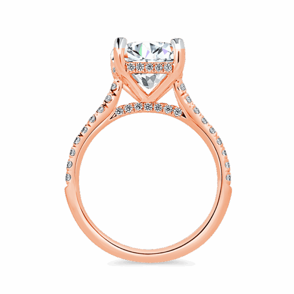 Harmony Cushion 9 0 Side Rose Gold Diamond 4 Prong Encrusted Under Rail Bridge Engagement Ring