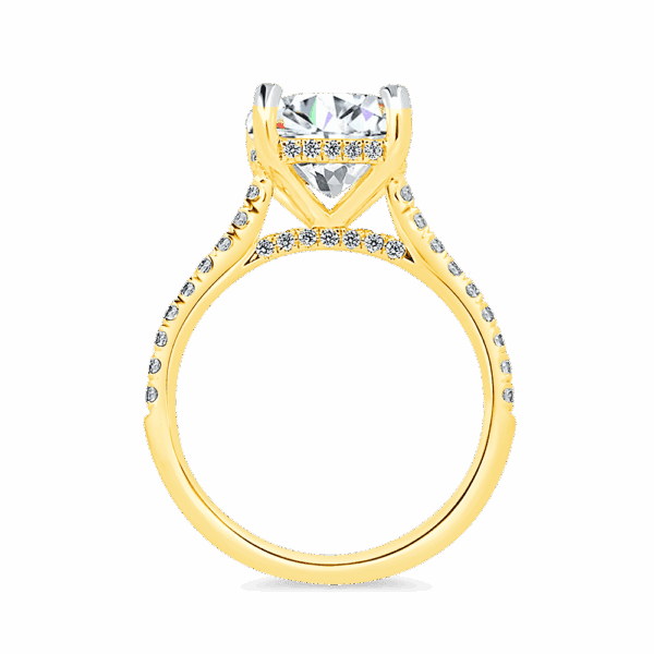 Harmony Cushion 9 0 Side Yellow Gold Diamond 4 Prong Encrusted Under Rail Bridge Engagement Ring