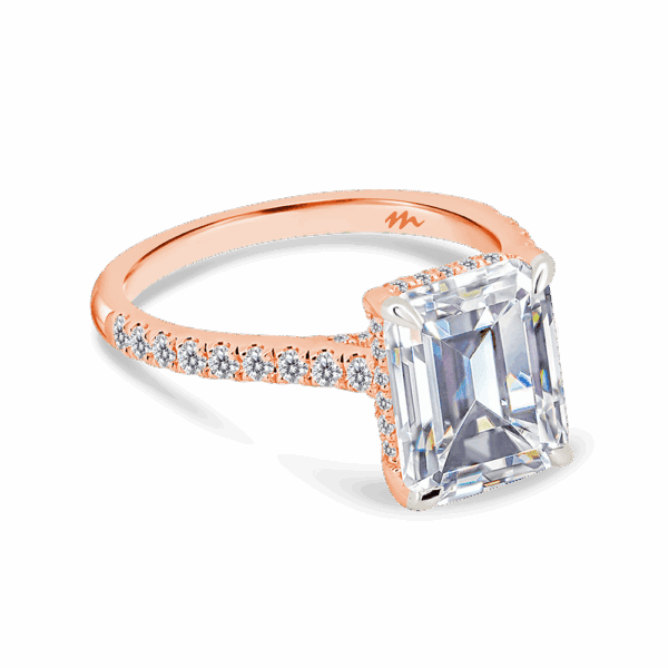 Harmony Emerald 10X8 Angled Rose Gold Moissanite 4 Prong Encrusted Under Rail Bridge Engagement Ring