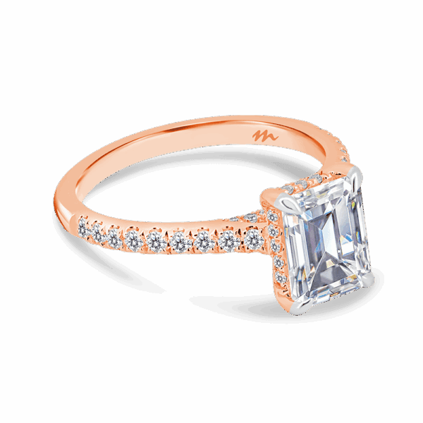 Harmony Emerald 8X6 Angled Rose Gold Moissanite 4 Prong Encrusted Under Rail Bridge Engagement Ring
