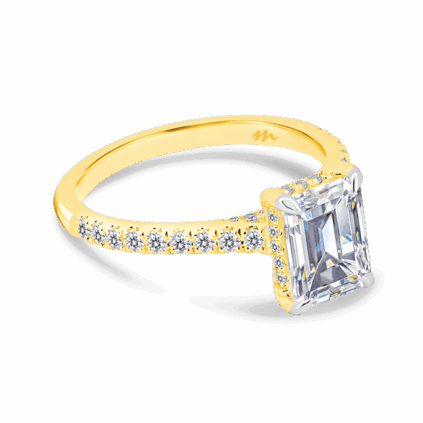 Harmony Emerald 8X6 Angled Yellow Gold Moissanite 4 Prong Encrusted Under Rail Bridge Engagement Ring