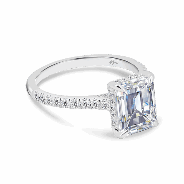 Harmony Emerald 9X7 Angled White Gold Moissanite 4 Prong Encrusted Under Rail Bridge Engagement Ring