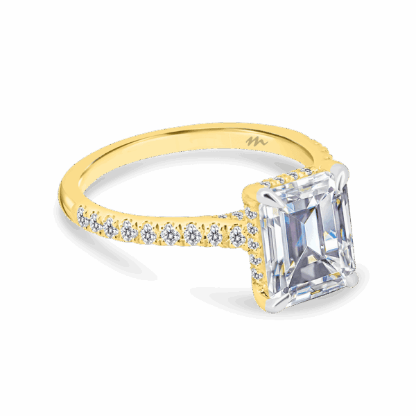 Harmony Emerald 9X7 Angled Yellow Gold Moissanite 4 Prong Encrusted Under Rail Bridge Engagement Ring