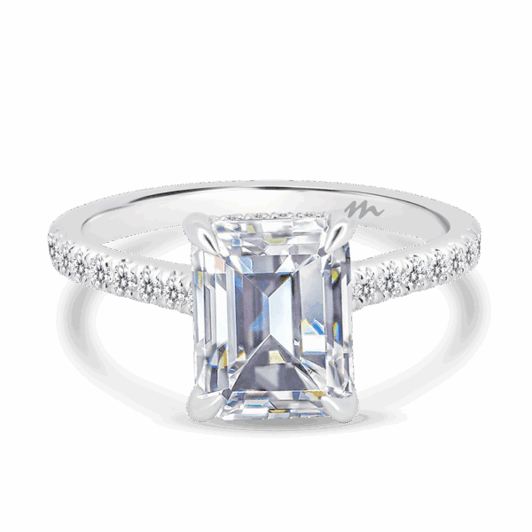 Harmony Emerald 9X7 Front White Gold Moissanite 4 Prong Encrusted Under Rail Bridge Engagement Ring