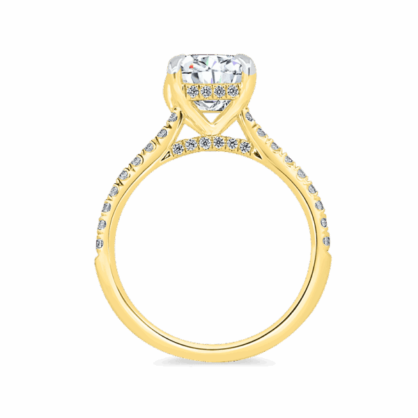 Harmony Emerald 9X7 Side Yellow Gold Diamond 4 Prong Encrusted Under Rail Bridge Engagement Ring