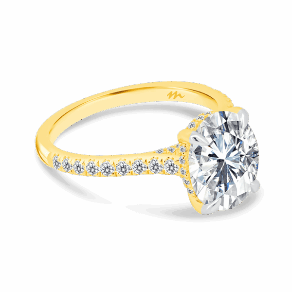 Harmony Oval 10X8 Angled Yellow Gold Moissanite 4 Prong Encrusted Under Rail Bridge Engagement Ring