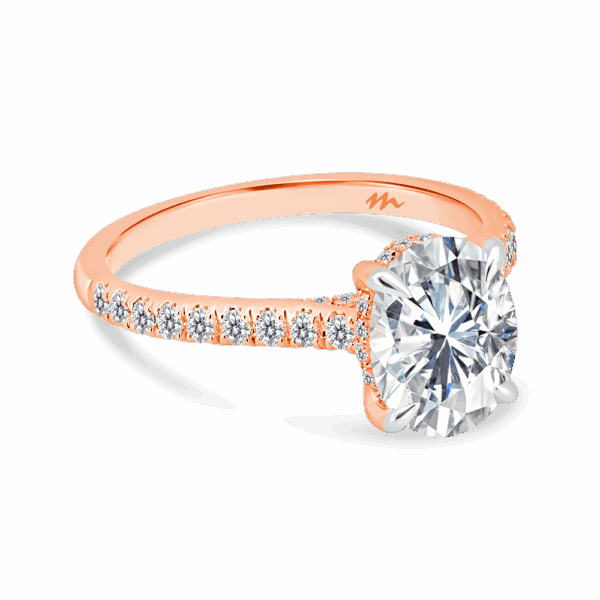 Harmony Oval 8X6 Angled Rose Gold Moissanite 4 Prong Encrusted Under Rail Bridge Engagement Ring