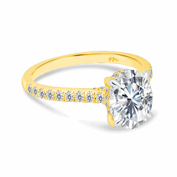 Harmony Oval 8X6 Angled Yellow Gold Moissanite 4 Prong Encrusted Under Rail Bridge Engagement Ring