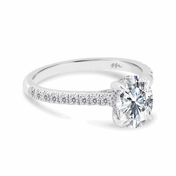 Harmony Oval 9X7 Angled White Gold Moissanite 4 Prong Encrusted Under Rail Bridge Engagement Ring
