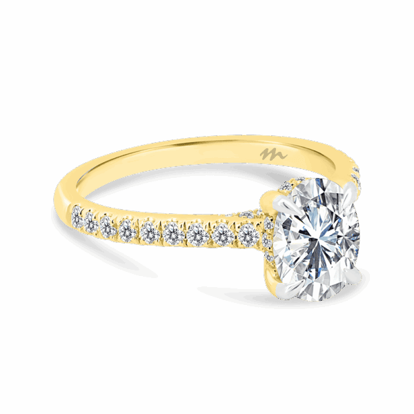 Harmony Oval 9X7 Angled Yellow Gold Moissanite 4 Prong Encrusted Under Rail Bridge Engagement Ring