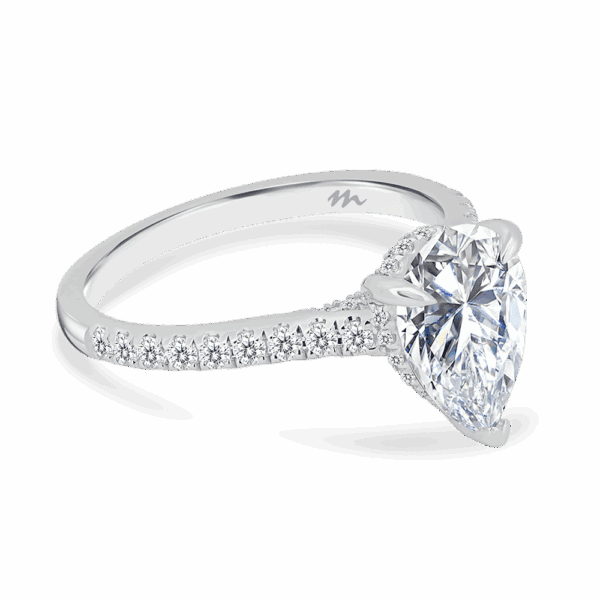 Harmony Pear 10X7 Angled White Gold Moissanite 4 Prong Encrusted Under Rail Bridge Engagement Ring