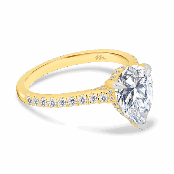 Harmony Pear 10X7 Angled Yellow Gold Moissanite 4 Prong Encrusted Under Rail Bridge Engagement Ring