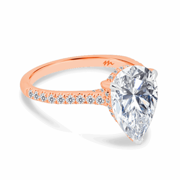 Harmony Pear 12X8 Angled Rose Gold Moissanite 4 Prong Encrusted Under Rail Bridge Engagement Ring