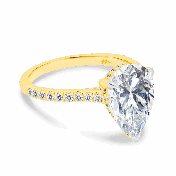 Harmony Pear 12X8 Angled Yellow Gold Moissanite 4 Prong Encrusted Under Rail Bridge Engagement Ring
