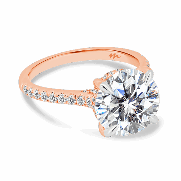 Harmony Round 10 0 Angled Rose Gold Moissanite 4 Prong Encrusted Under Rail Bridge Engagement Ring