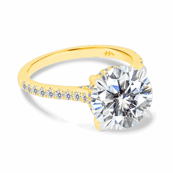 Harmony Round 10 0 Angled Yellow Gold Moissanite 4 Prong Encrusted Under Rail Bridge Engagement Ring
