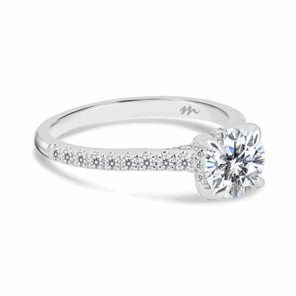 Harmony Round 6 5 Angled White Gold Moissanite 4 Prong Encrusted Under Rail Bridge Engagement Ring