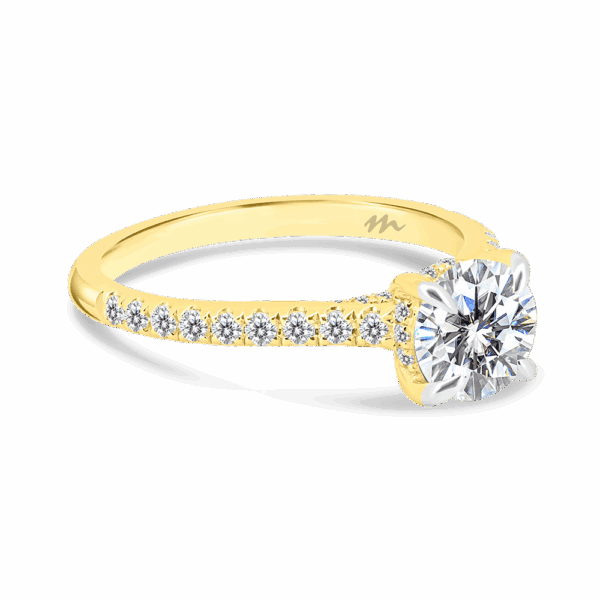 Harmony Round 6 5 Angled Yellow Gold Moissanite 4 Prong Encrusted Under Rail Bridge Engagement Ring