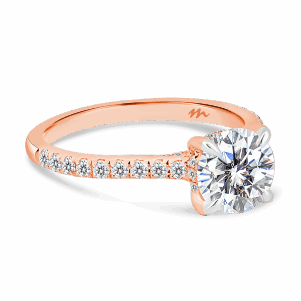 Harmony Round 7 0 Angled Rose Gold Moissanite 4 Prong Encrusted Under Rail Bridge Engagement Ring