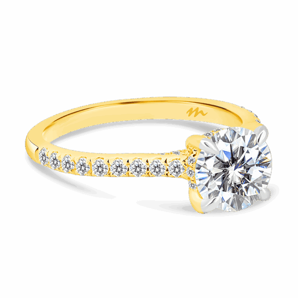 Harmony Round 7 0 Angled Yellow Gold Moissanite 4 Prong Encrusted Under Rail Bridge Engagement Ring