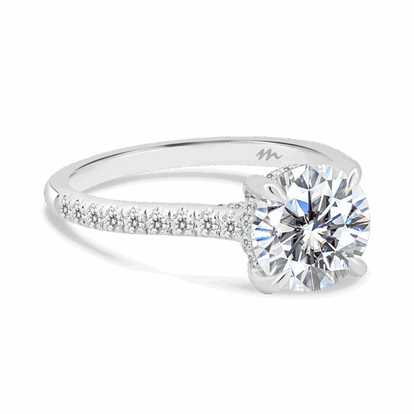 Harmony Round 8 0 Angled White Gold Moissanite 4 Prong Encrusted Under Rail Bridge Engagement Ring