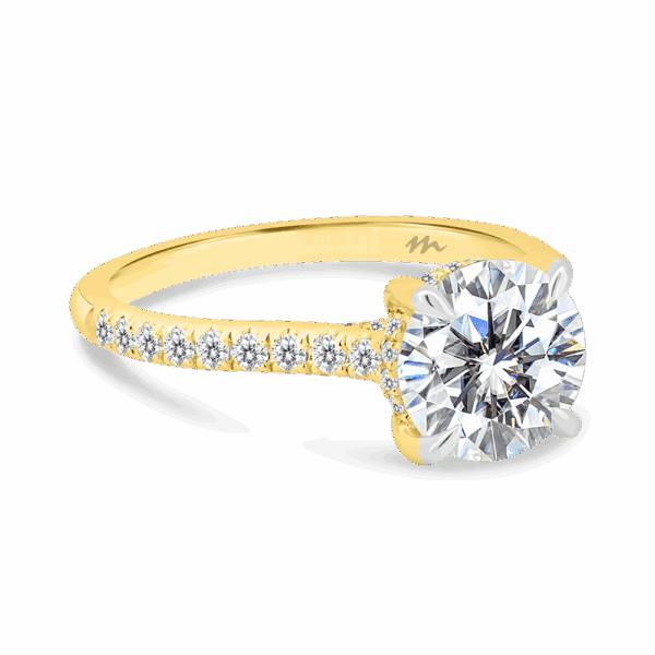 Harmony Round 8 0 Angled Yellow Gold Moissanite 4 Prong Encrusted Under Rail Bridge Engagement Ring