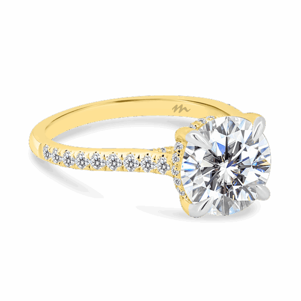 Harmony Round 9 0 Angled Yellow Gold Moissanite 4 Prong Encrusted Under Rail Bridge Engagement Ring