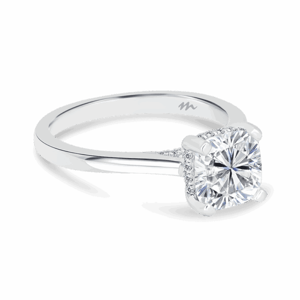 Hattie Cushion 7 0 Angled White Gold Moissanite 4 Prong Accented Under Rail Bridge Tapered Engagement Ring