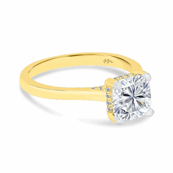Hattie Cushion 7 0 Angled Yellow Gold Moissanite 4 Prong Accented Under Rail Bridge Tapered Engagement Ring