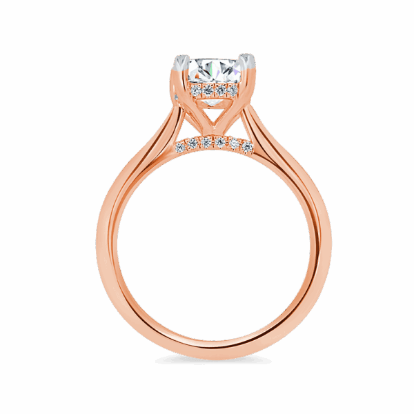 Hattie Cushion 7 0 Side Rose Gold Diamond 4 Prong Accented Under Rail Bridge Tapered Engagement Ring