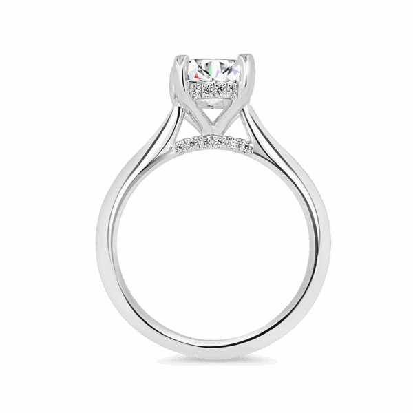Hattie Cushion 7 0 Side White Gold Diamond 4 Prong Accented Under Rail Bridge Tapered Engagement Ring