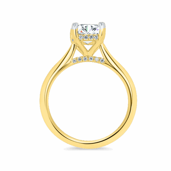 Hattie Cushion 7 0 Side Yellow Gold Diamond 4 Prong Accented Under Rail Bridge Tapered Engagement Ring