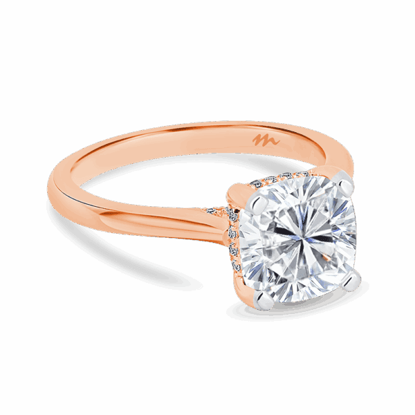 Hattie Cushion 8 0 Angled Rose Gold Moissanite 4 Prong Accented Under Rail Bridge Tapered Engagement Ring