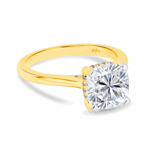 Hattie Cushion 8 0 Angled Yellow Gold Moissanite 4 Prong Accented Under Rail Bridge Tapered Engagement Ring