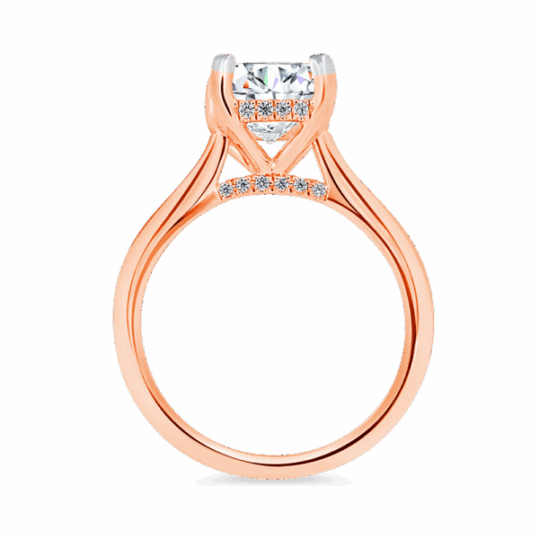 Hattie Cushion 8 0 Side Rose Gold Diamond 4 Prong Accented Under Rail Bridge Tapered Engagement Ring