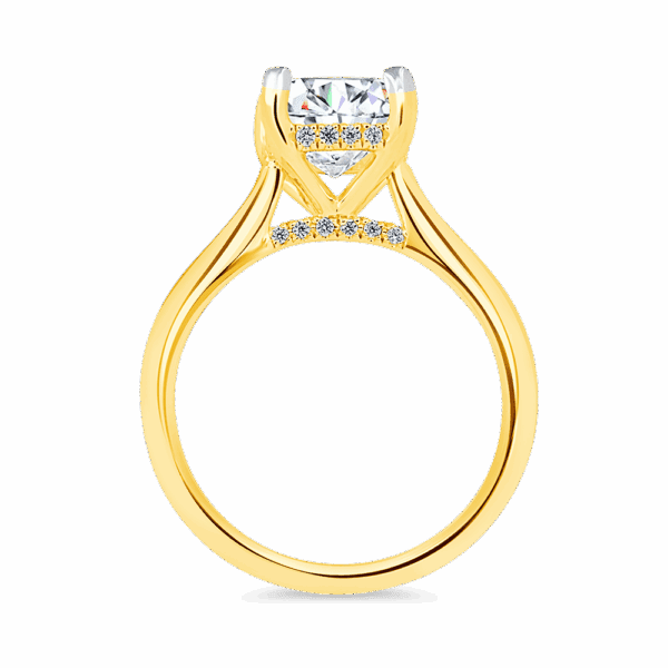 Hattie Cushion 8 0 Side Yellow Gold Diamond 4 Prong Accented Under Rail Bridge Tapered Engagement Ring