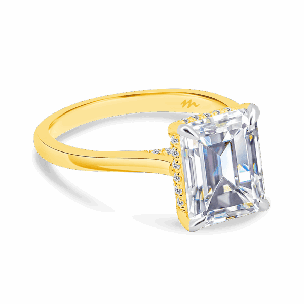 Hattie Emerald 10X8 Angled Yellow Gold Moissanite 4 Prong Accented Under Rail Bridge Tapered Engagement Ring