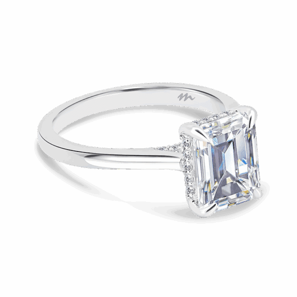 Hattie Emerald 9X7 Angled White Gold Moissanite 4 Prong Accented Under Rail Bridge Tapered Engagement Ring