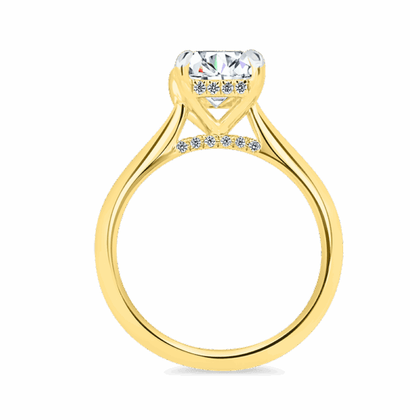 Hattie Emerald 9X7 Side Yellow Gold Diamond 4 Prong Accented Under Rail Bridge Tapered Engagement Ring