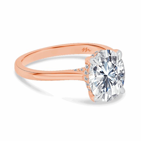 Hattie Oval 10X8 Angled Rose Gold Moissanite 4 Prong Accented Under Rail Bridge Tapered Engagement Ring