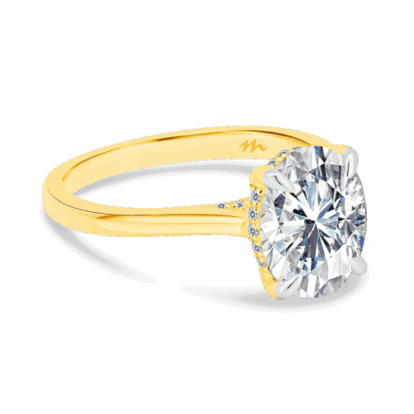 Hattie Oval 10X8 Angled Yellow Gold Moissanite 4 Prong Accented Under Rail Bridge Tapered Engagement Ring