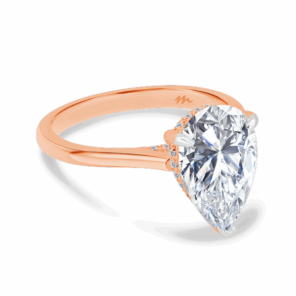 Hattie Pear 12X8 Angled Rose Gold Moissanite 4 Prong Accented Under Rail Bridge Tapered Engagement Ring