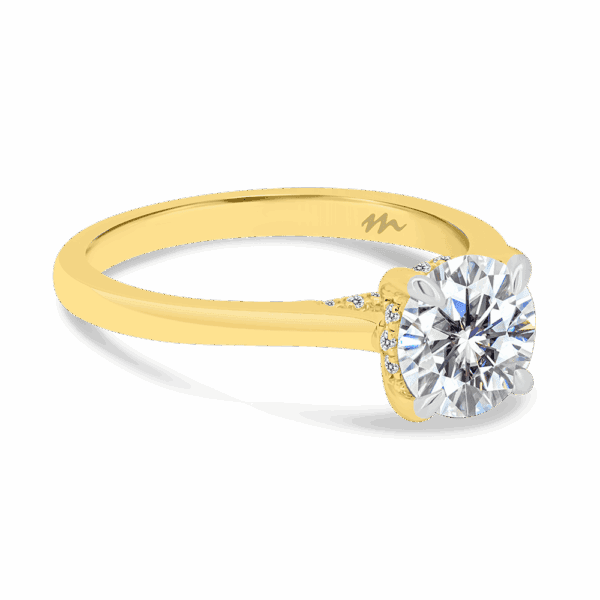 Hattie Round 6 5 Angled Yellow Gold Moissanite 4 Prong Accented Under Rail Bridge Tapered Engagement Ring