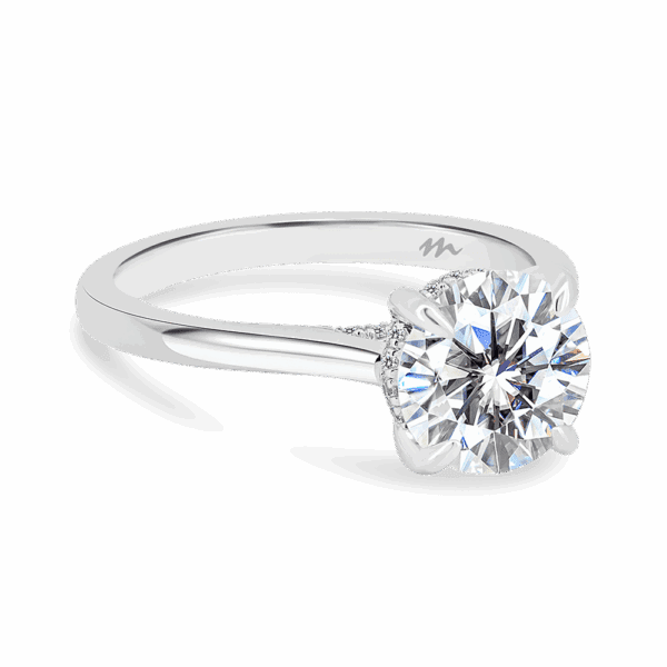 Hattie Round 8 0 Angled White Gold Moissanite 4 Prong Accented Under Rail Bridge Tapered Engagement Ring