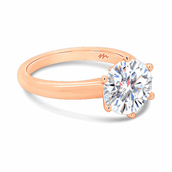 Hazel 9 0 Angled Rose Gold Moissanite Round 6 Prong Classic Solitaire Ring